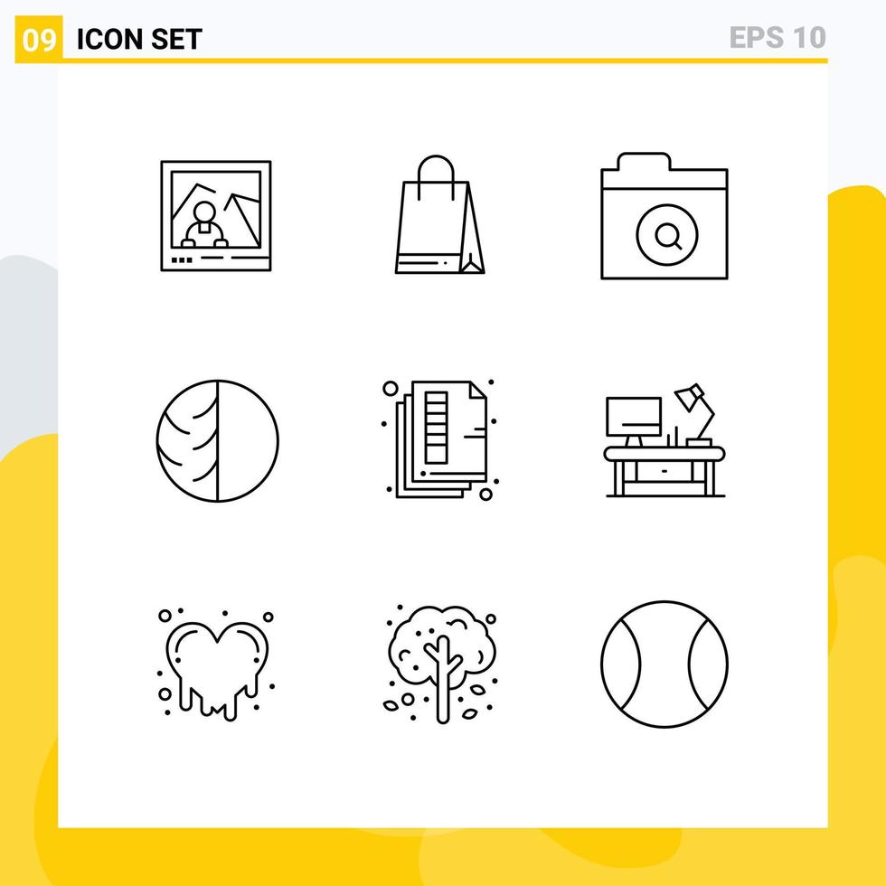 Pack of 9 Modern Outlines Signs and Symbols for Web Print Media such as document skin folder skin care dry skin Editable Vector Design Elements