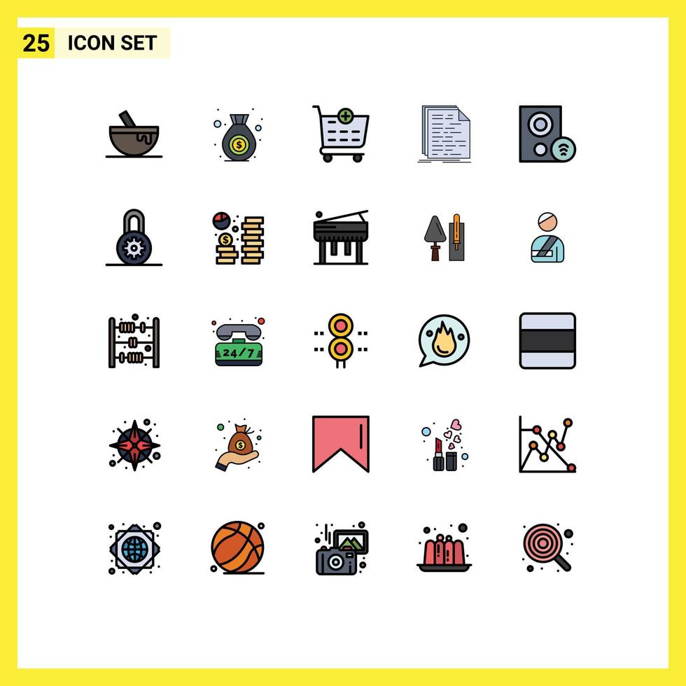 Pack of 25 Modern Filled line Flat Colors Signs and Symbols for Web Print Media such as gadget computers add script doc Editable Vector Design Elements