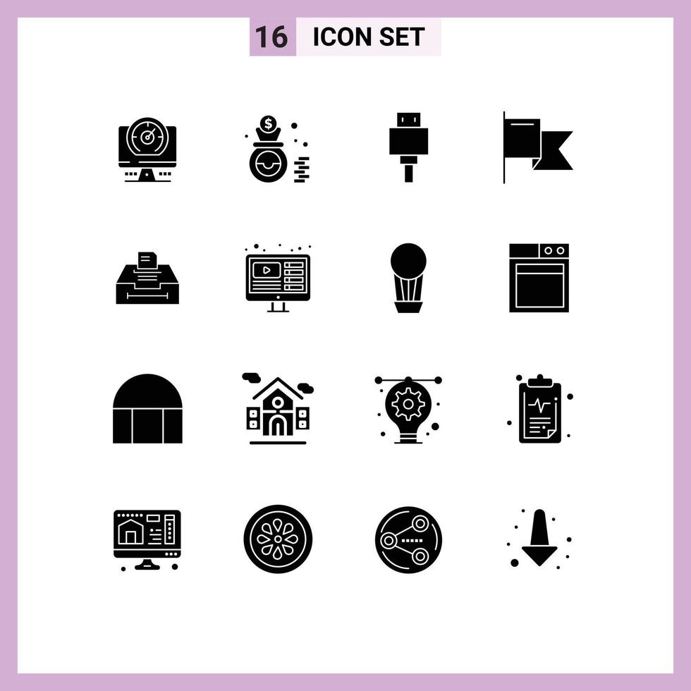 16 Thematic Vector Solid Glyphs and Editable Symbols of business data devices mark country Editable Vector Design Elements
