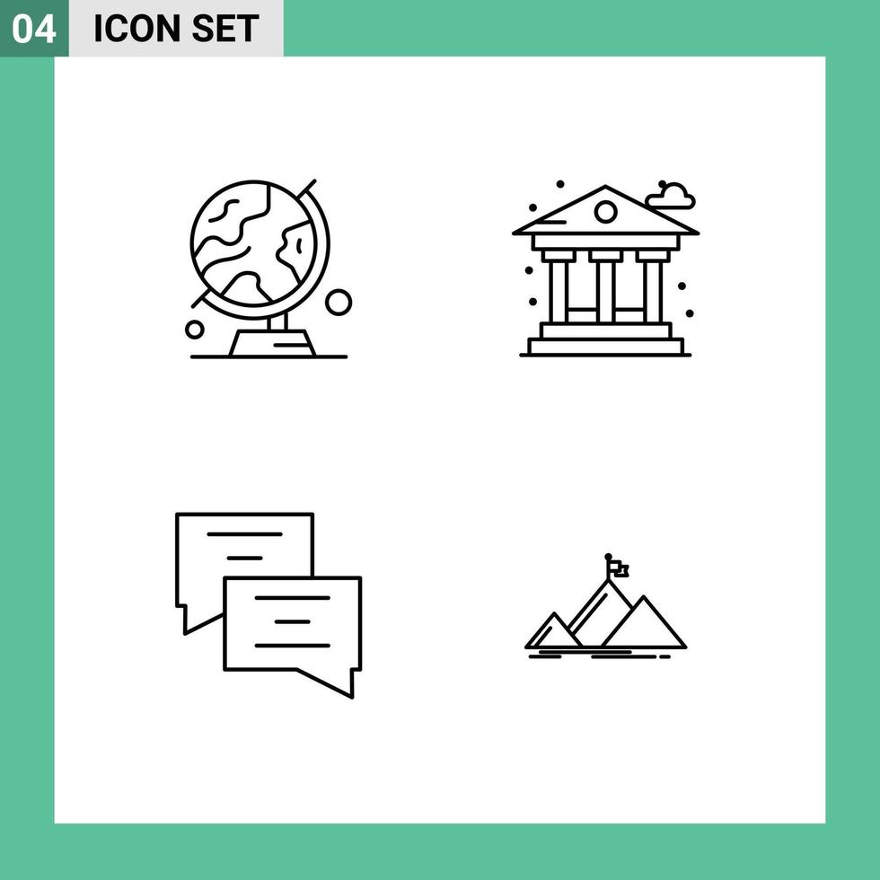 Pack of 4 Modern Filledline Flat Colors Signs and Symbols for Web Print Media such as globe chat trip life message Editable Vector Design Elements