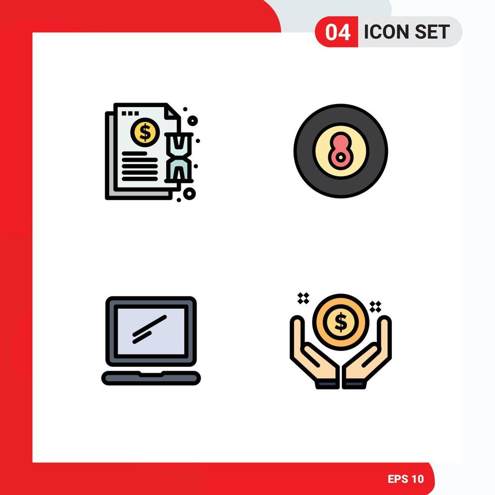 Mobile Interface Filledline Flat Color Set of 4 Pictograms of contract computer notification baseball device Editable Vector Design Elements