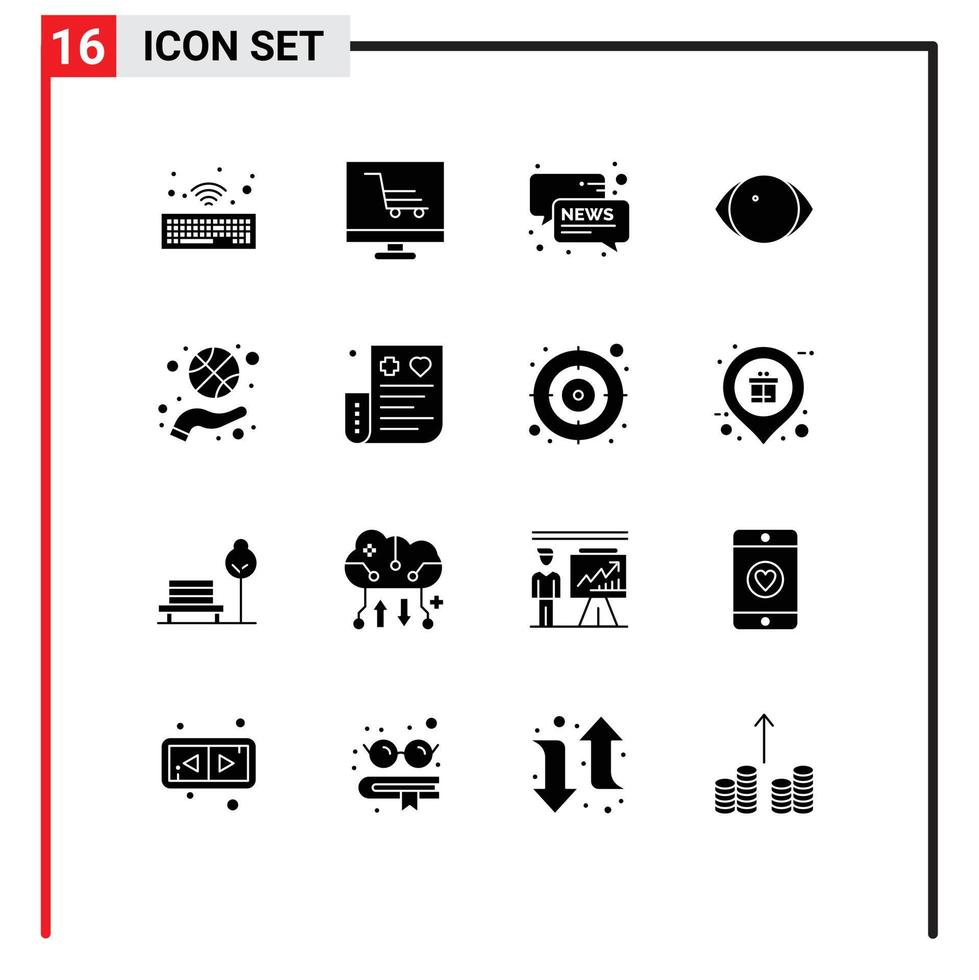 16 Solid Glyph concept for Websites Mobile and Apps hand basketball spinning conversation vision face Editable Vector Design Elements