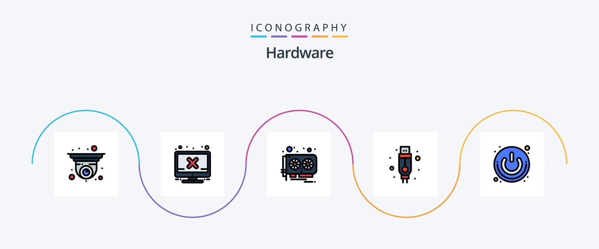 Hardware Line Filled Flat 5 Icon Pack Including power button. on off. card. usb. adapter vector