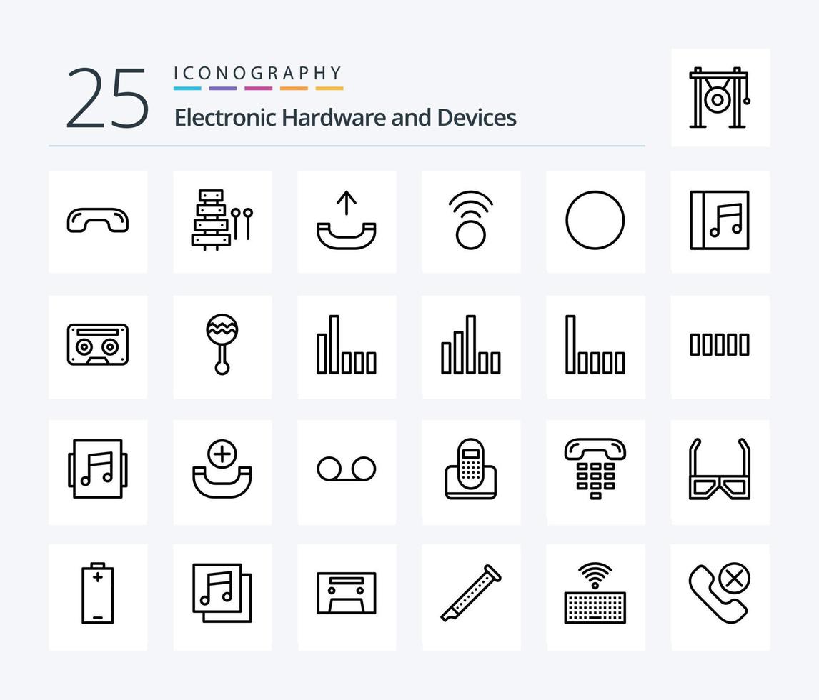 paquete de iconos de 25 líneas de dispositivos que incluye medios. Wifi. sonido. señal. teléfono vector