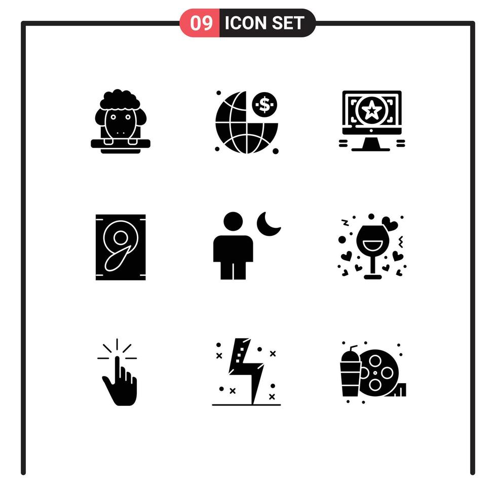 9 User Interface Solid Glyph Pack of modern Signs and Symbols of human avatar application speaker music Editable Vector Design Elements