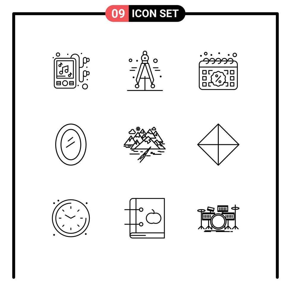 Universal Icon Symbols Group of 9 Modern Outlines of hill mirror date household furniture Editable Vector Design Elements