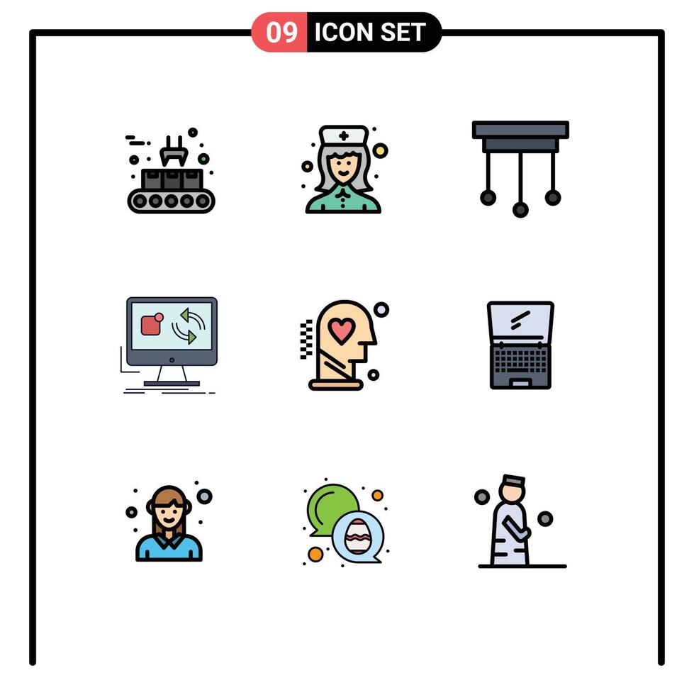 paquete de 9 modernos signos y símbolos de colores planos de línea rellena para medios de impresión web, como la actualización de la aplicación de araña de instalación del cerebro, elementos de diseño de vectores editables
