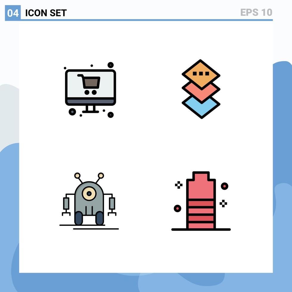 grupo de 4 signos y símbolos de colores planos de línea rellena para elementos de diseño vectorial editables de batería cuadrada de monitor de robot en línea vector