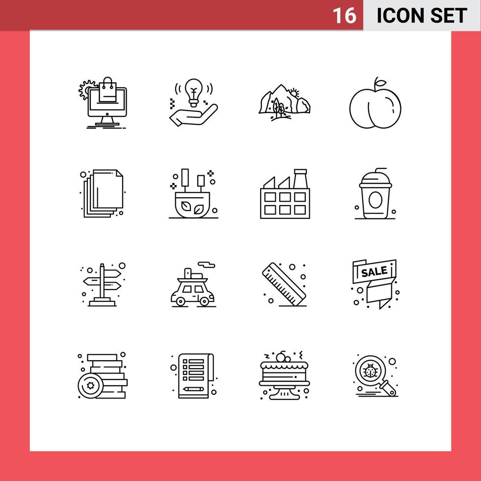 Modern Set of 16 Outlines and symbols such as layer peach bulb fruit mountain Editable Vector Design Elements