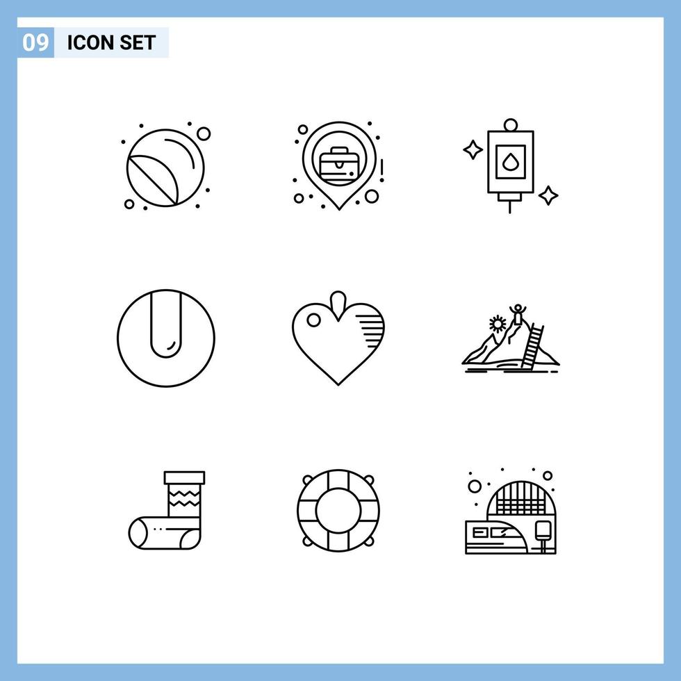 9 iconos creativos, signos y símbolos modernos del corazón, deporte, ubicación comercial, tratamiento de partidos, elementos de diseño vectorial editables vector
