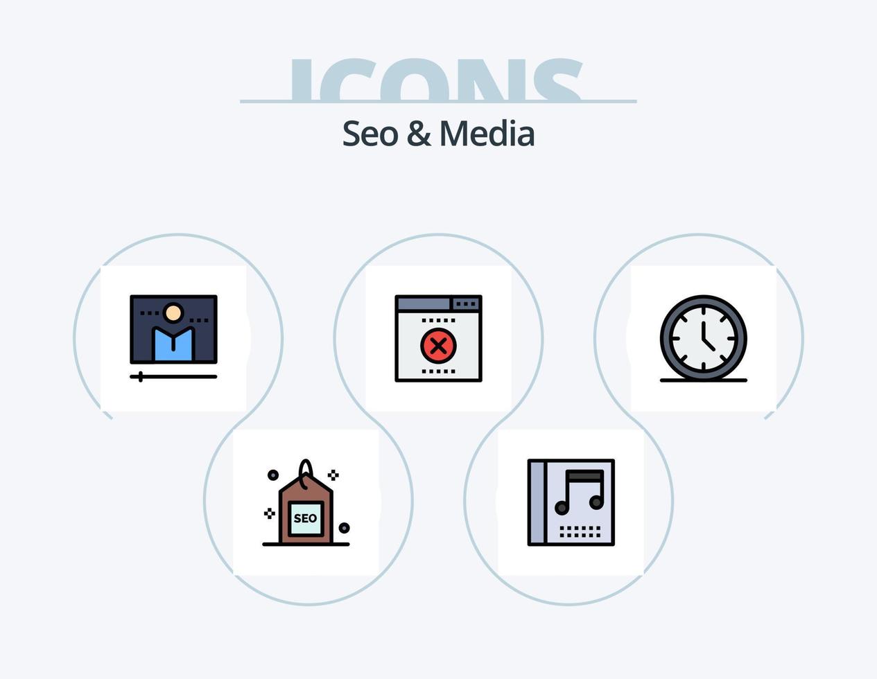 seo y línea de medios llenos de iconos paquete 5 diseño de iconos. SEO música. buscar. medios de comunicación. web vector