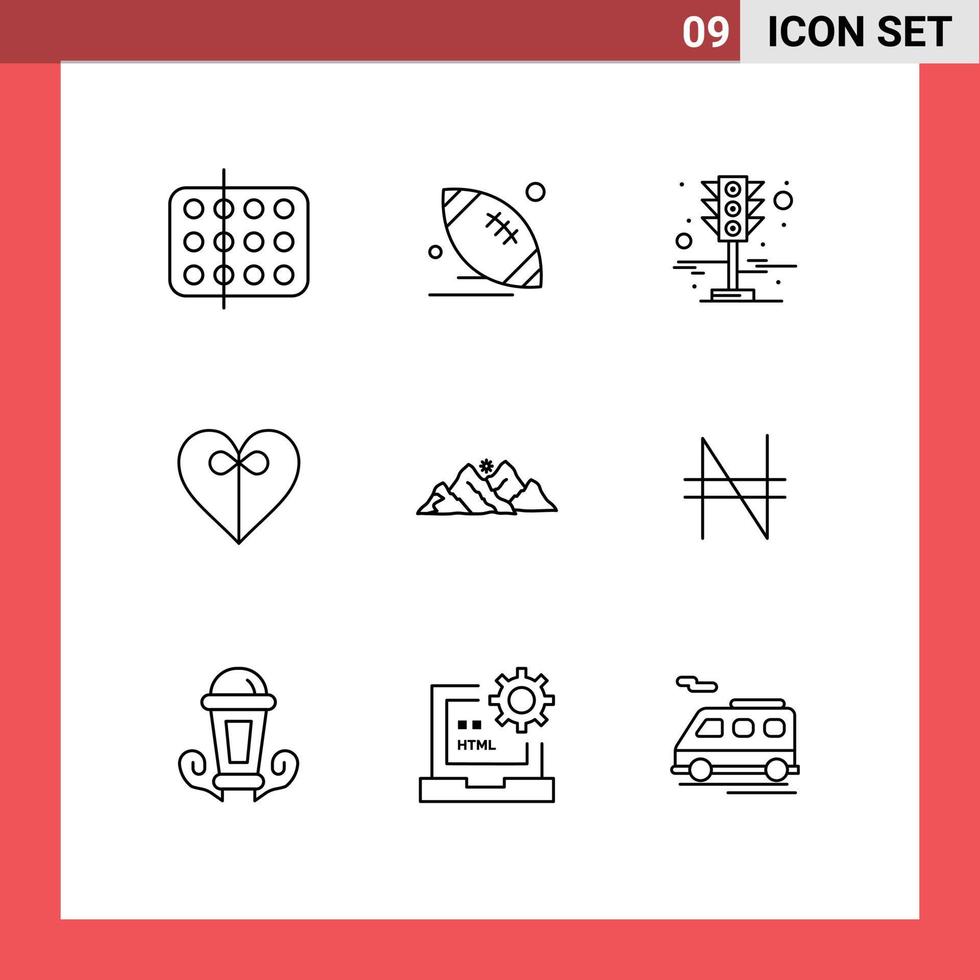 paquete de 9 signos y símbolos de contornos modernos para medios de impresión web, como semáforos de corazón deportivo de regalo de montaña, elementos de diseño de vectores editables