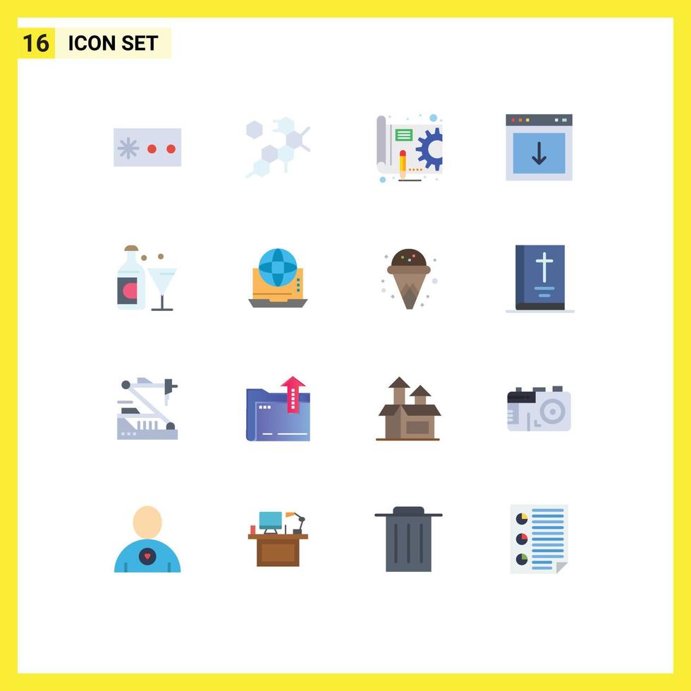 Set of 16 Vector Flat Colors on Grid for password gear cell blue print arrow Editable Pack of Creative Vector Design Elements