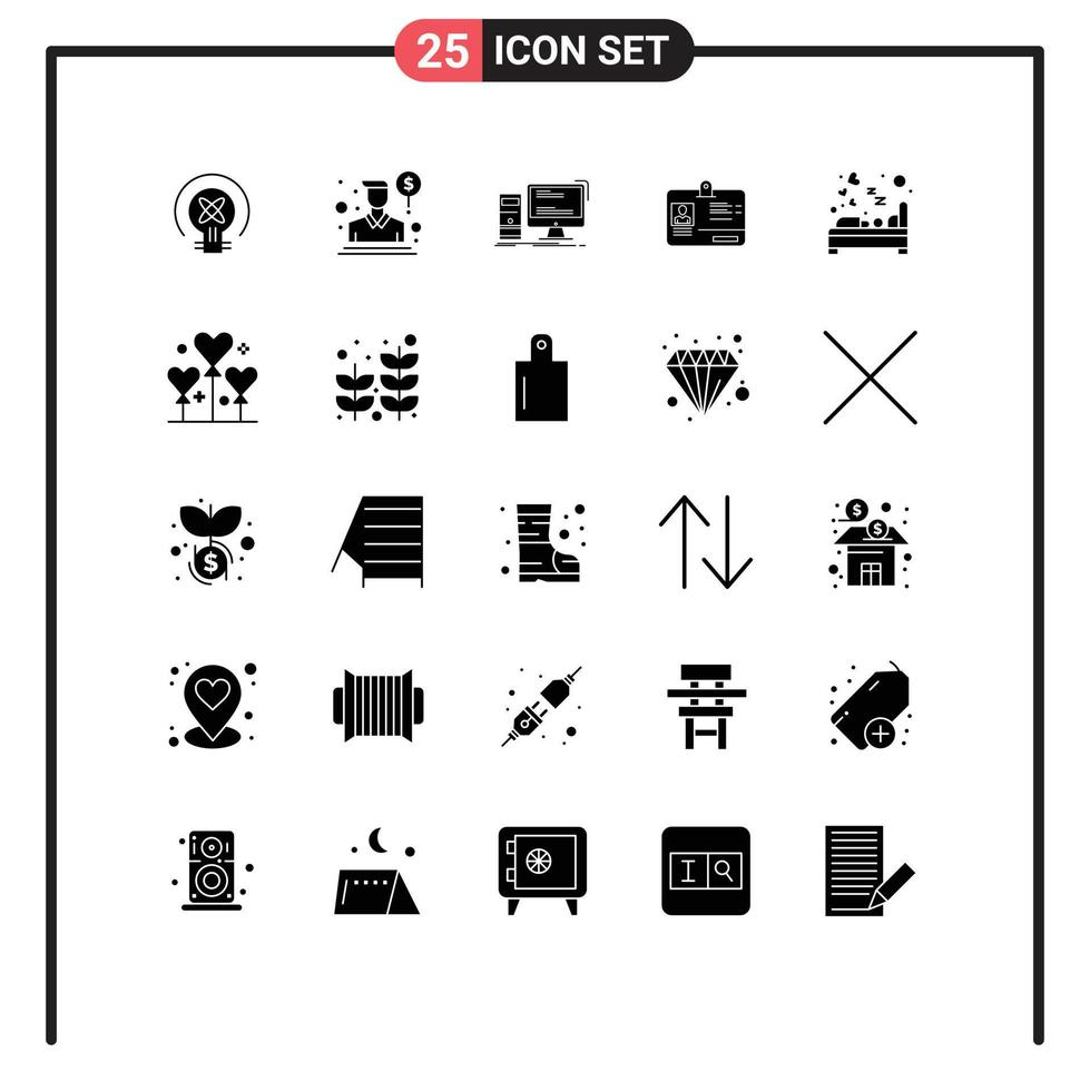 25 Thematic Vector Solid Glyphs and Editable Symbols of bedroom identity computer card personal Editable Vector Design Elements