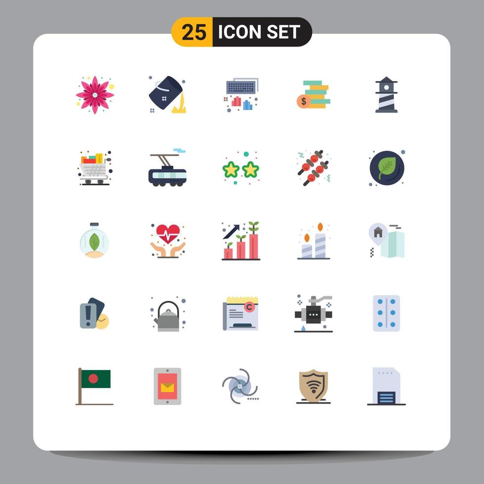 Pack of 25 Modern Flat Colors Signs and Symbols for Web Print Media such as lighthouse money hands ghold coins money Editable Vector Design Elements