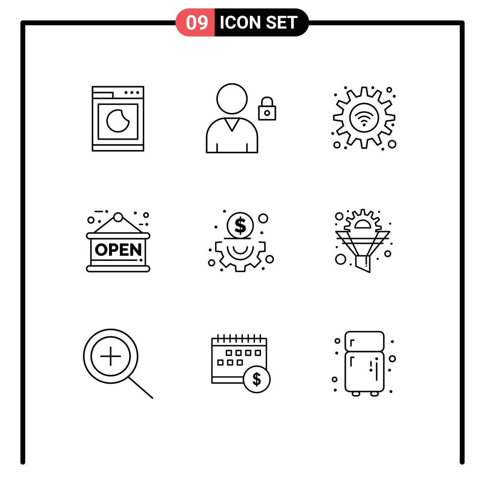 Outline Pack of 9 Universal Symbols of cog content options business open Editable Vector Design Elements