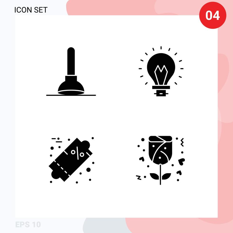 Group of 4 Modern Solid Glyphs Set for plunger sale bulb light gift Editable Vector Design Elements