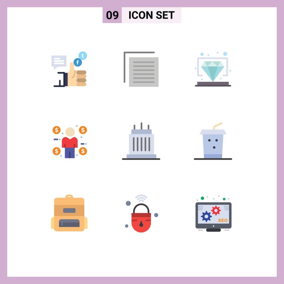 Modern Set of 9 Flat Colors Pictograph of buildings coin interface buyer vip Editable Vector Design Elements