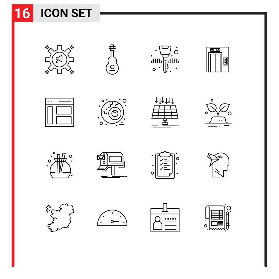 User Interface Pack of 16 Basic Outlines of communication building sound lift key chain Editable Vector Design Elements