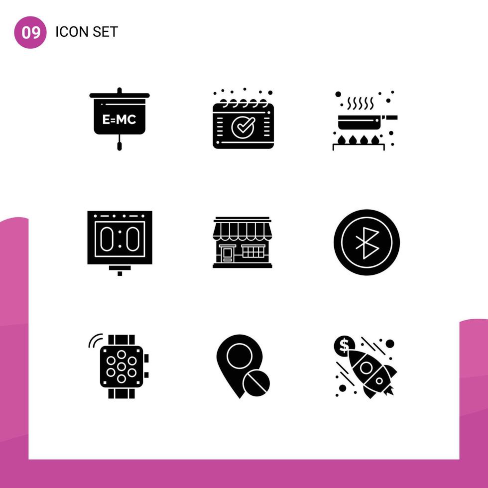 9 Thematic Vector Solid Glyphs and Editable Symbols of online stadium food sports scoreboard Editable Vector Design Elements