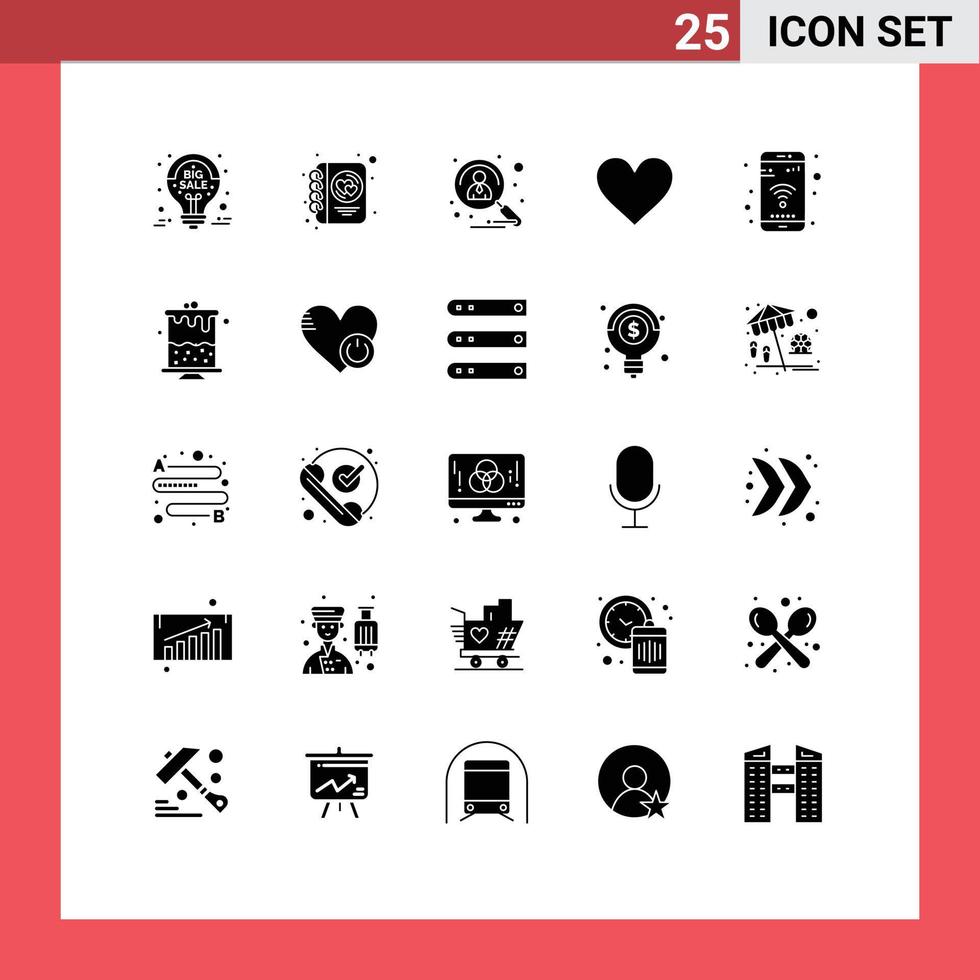 Pack of 25 Modern Solid Glyphs Signs and Symbols for Web Print Media such as like instagram writing love recruitment Editable Vector Design Elements