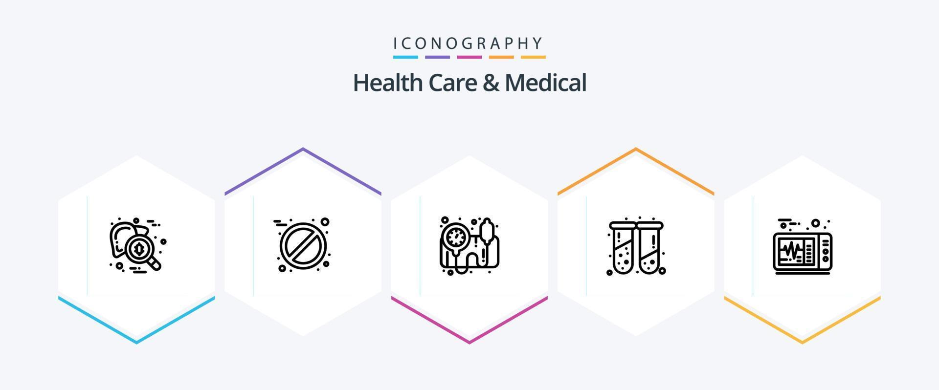 Health Care And Medical 25 Line icon pack including medical. electrocardiogram. blood pressure operator. test tubes. health vector