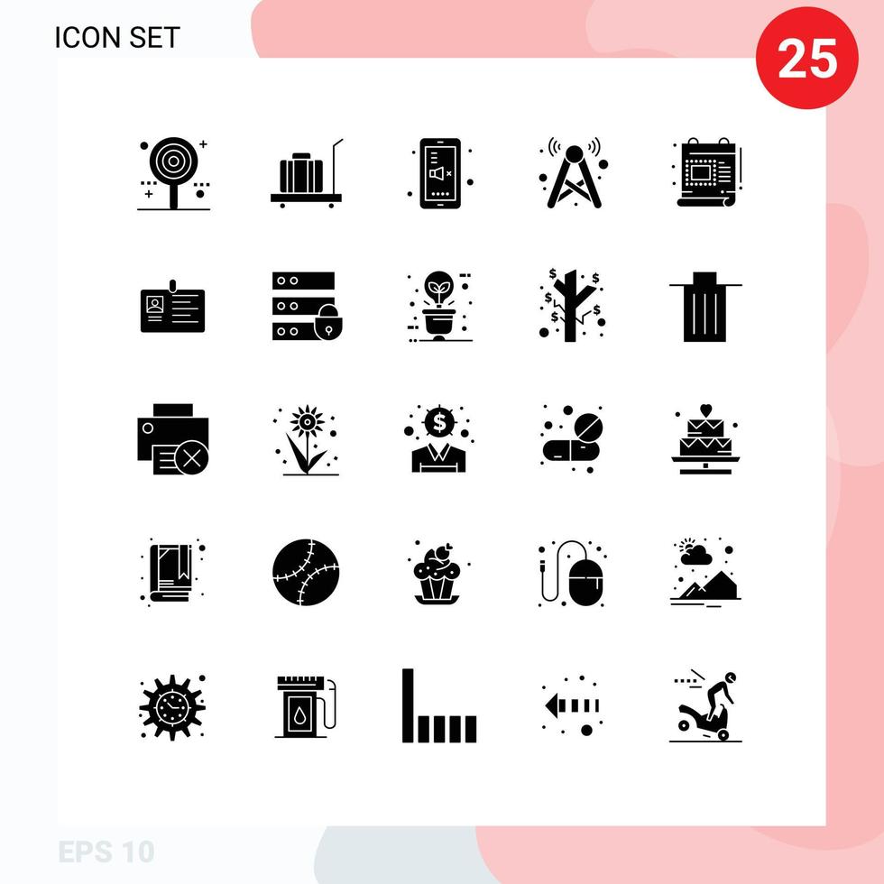 Group of 25 Modern Solid Glyphs Set for wifi internet weight signal mute Editable Vector Design Elements