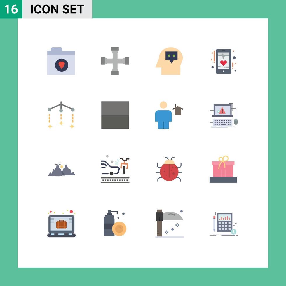 Set of 16 Modern UI Icons Symbols Signs for favorite thought construction and tools transportation ecg Editable Pack of Creative Vector Design Elements