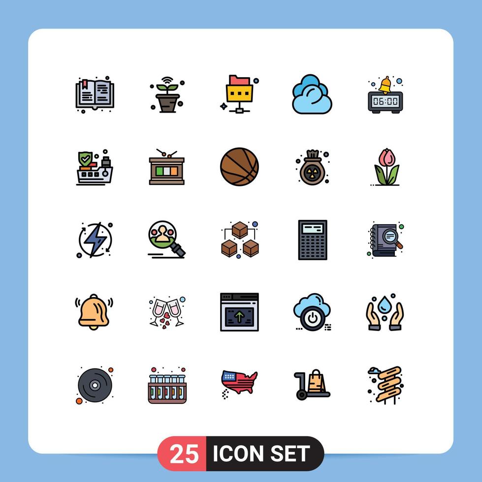 Filled line Flat Color Pack of 25 Universal Symbols of clock storage wifi server climate Editable Vector Design Elements