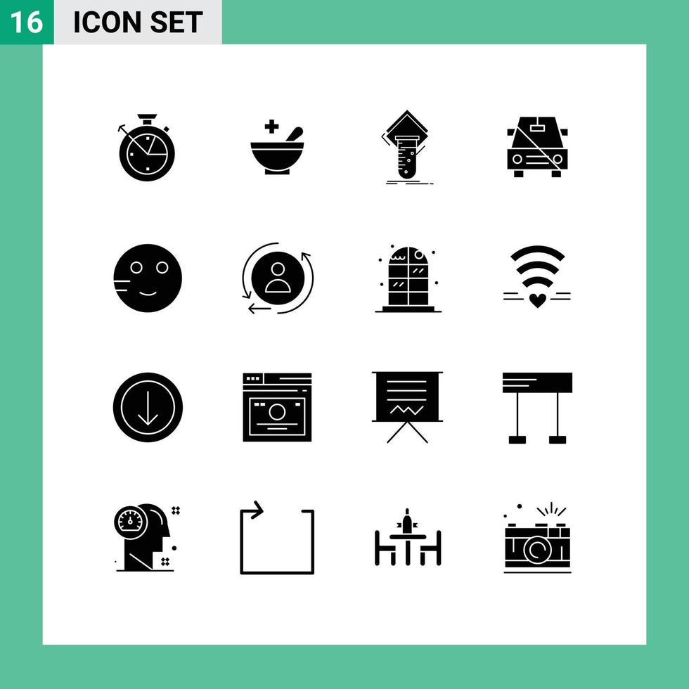 Solid Glyph Pack of 16 Universal Symbols of embarrassed off lab no car Editable Vector Design Elements