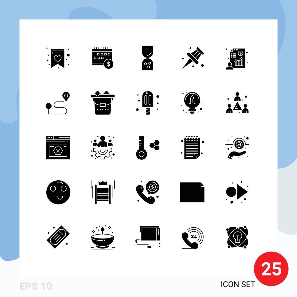 Pack of 25 Modern Solid Glyphs Signs and Symbols for Web Print Media such as businessman school economic pin time Editable Vector Design Elements