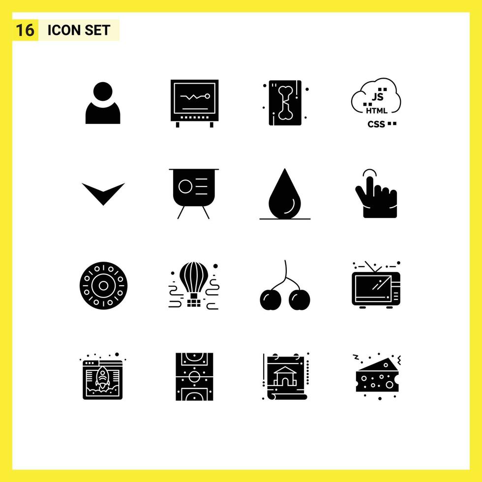 Group of 16 Modern Solid Glyphs Set for arrow develop bone coding cloud Editable Vector Design Elements