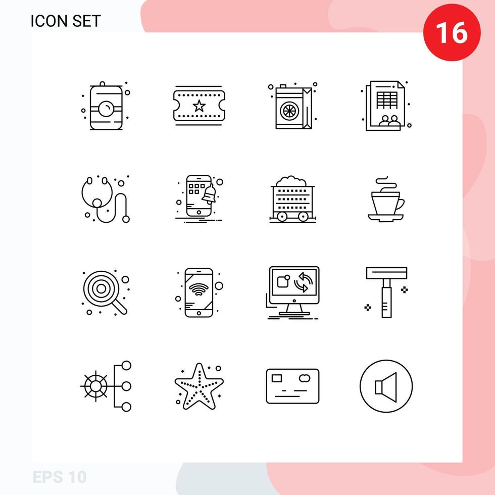 16 Universal Outlines Set for Web and Mobile Applications stethoscope cure grocery workforce sheet Editable Vector Design Elements