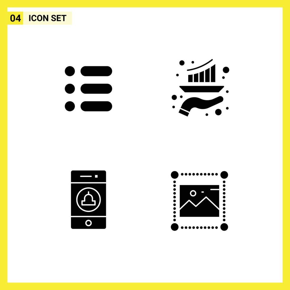 Universal Icon Symbols Group of 4 Modern Solid Glyphs of list notification write growth warning Editable Vector Design Elements