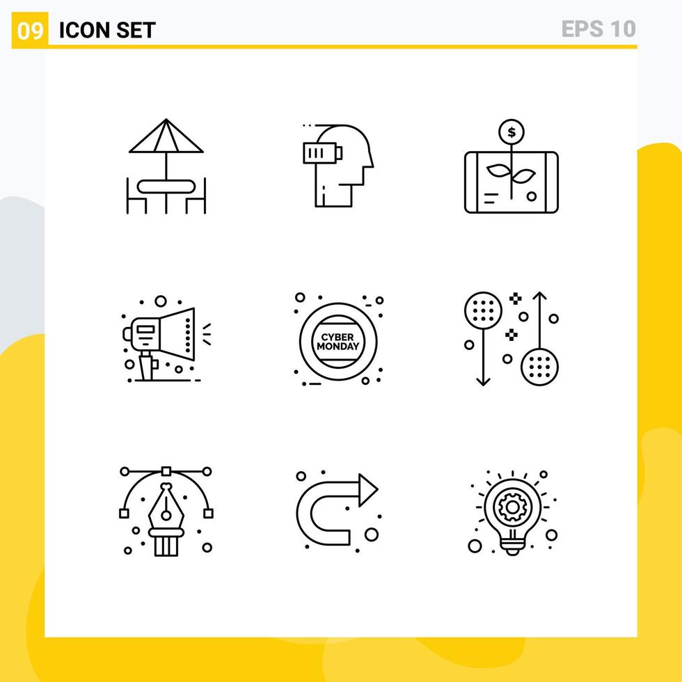 Mobile Interface Outline Set of 9 Pictograms of ad notification mind announcement report Editable Vector Design Elements