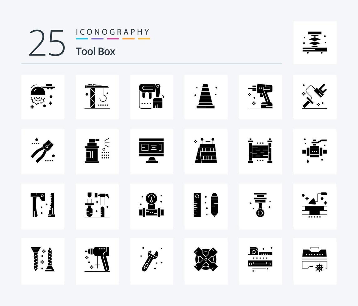 paquete de iconos de herramientas de 25 glifos sólidos, incluido el instrumento. construcción. cepillar. vlc. construcción vector