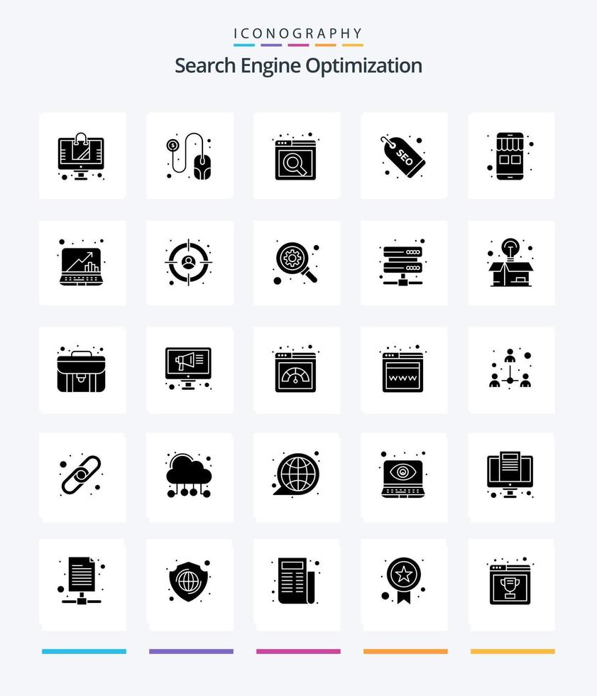 paquete de iconos de color negro sólido de 25 glifos de seo creativo, como una computadora portátil. computadora. sitio web. tienda en línea. comercio electrónico vector