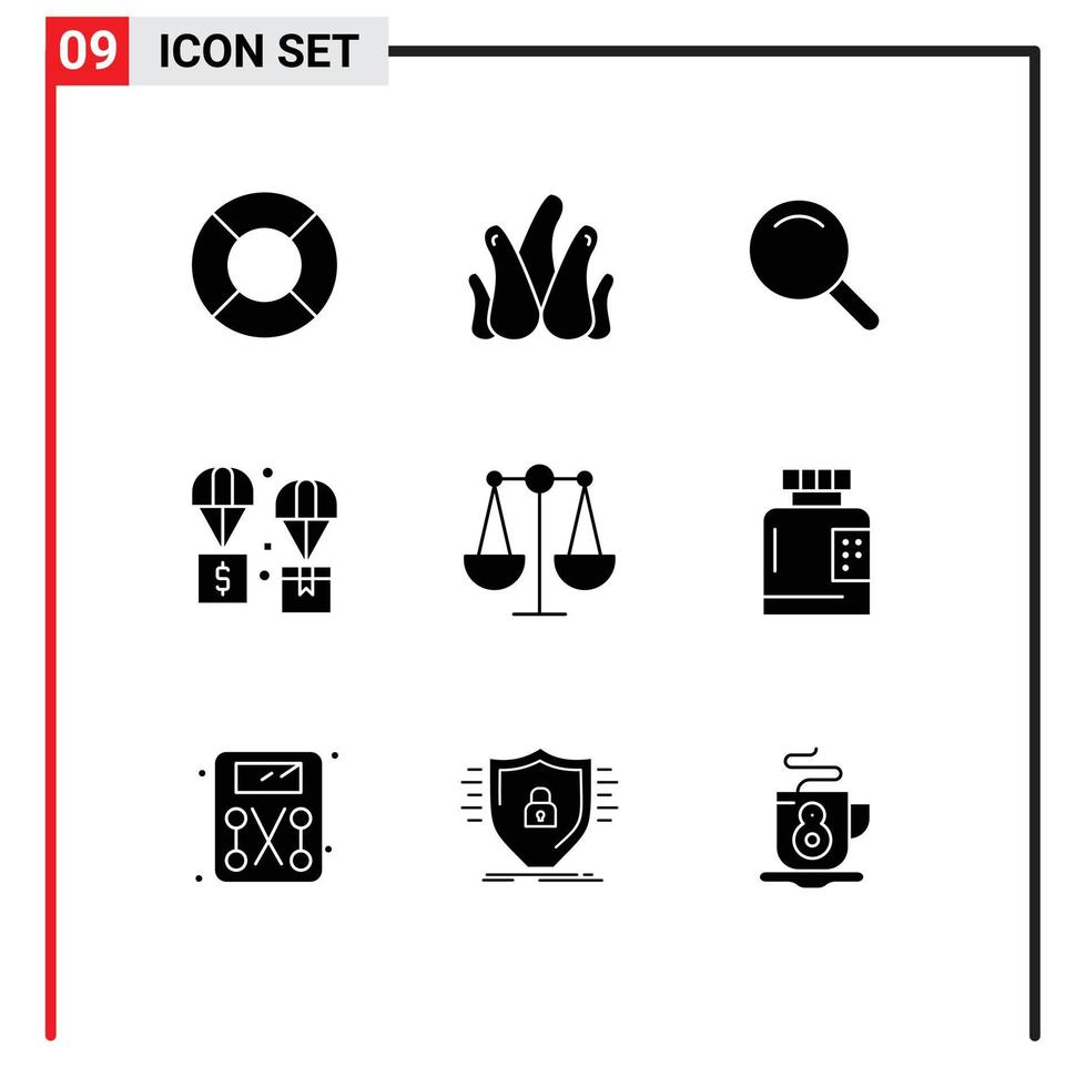 Set of 9 Commercial Solid Glyphs pack for scales balance search parachute exchange Editable Vector Design Elements