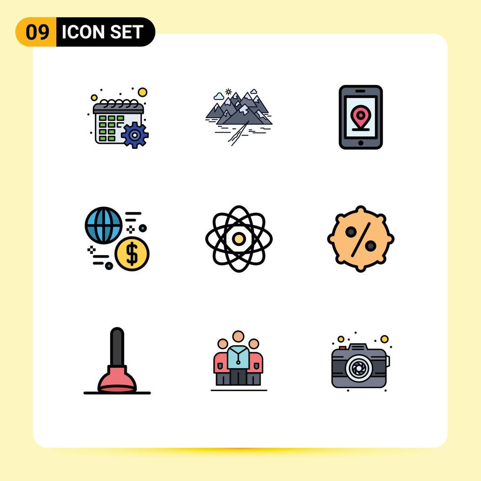 conjunto de 9 iconos modernos de la interfaz de usuario signos de símbolos para el dinero del átomo crack moneda global elementos de diseño vectorial editables vector