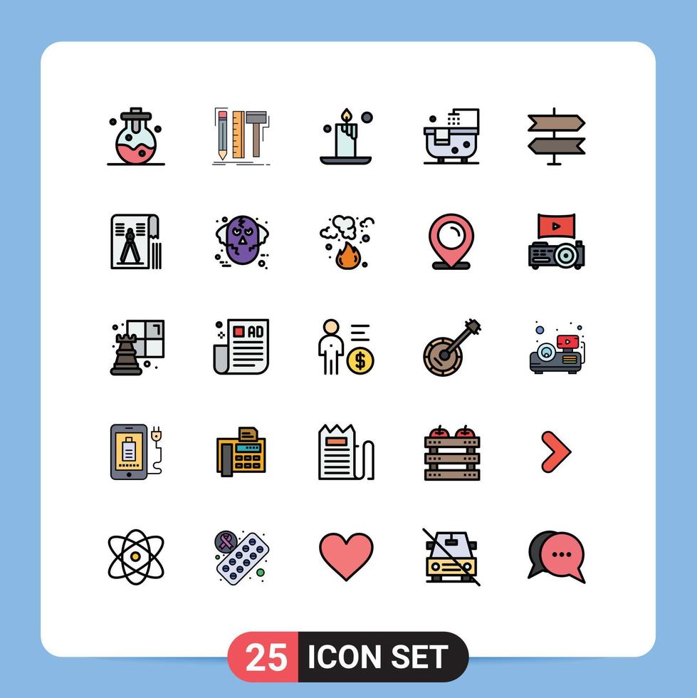 25 Universal Filled line Flat Colors Set for Web and Mobile Applications pointer direction candle shower bathroom Editable Vector Design Elements