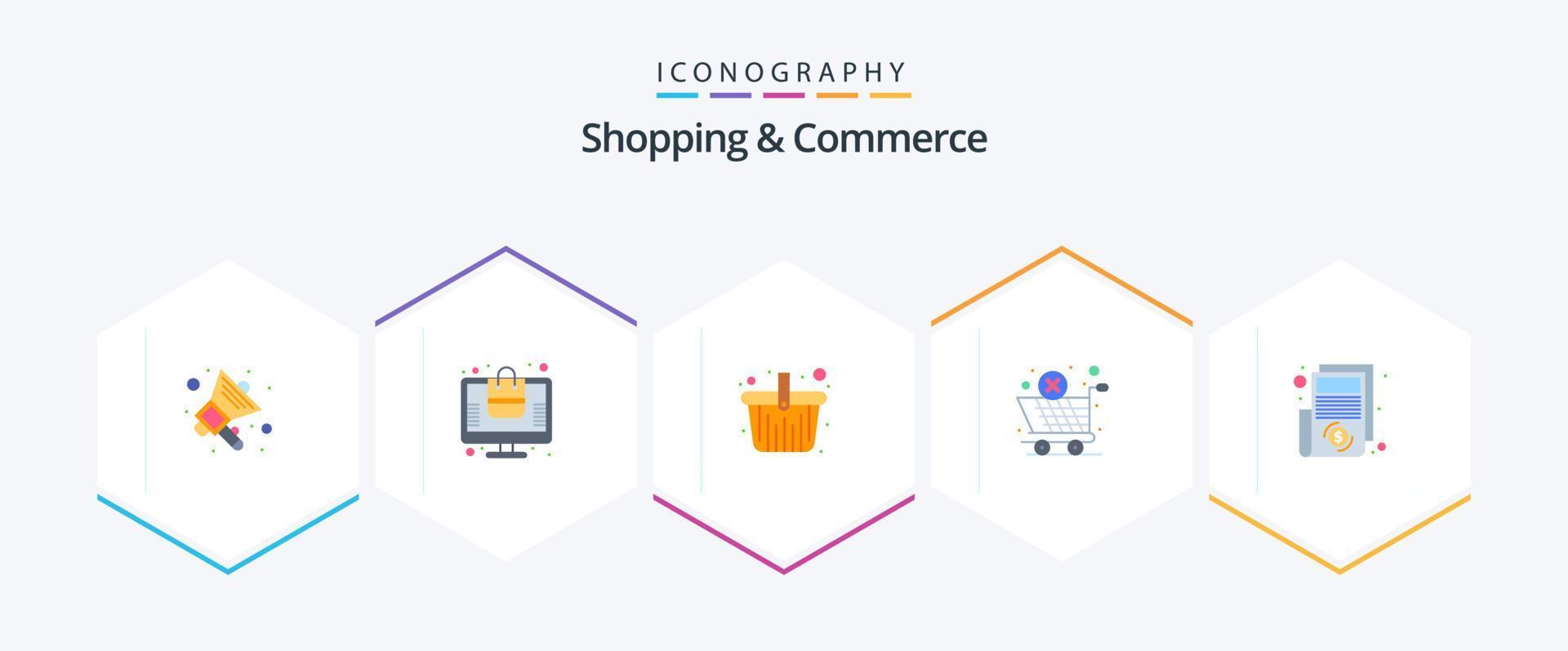 Shopping And Commerce 25 Flat icon pack including money. bill. hamper. cross cancel. global logistic vector