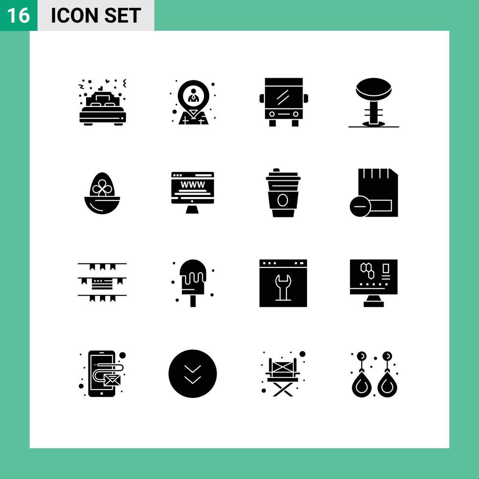 Modern Set of 16 Solid Glyphs and symbols such as stool furniture location bar transport Editable Vector Design Elements