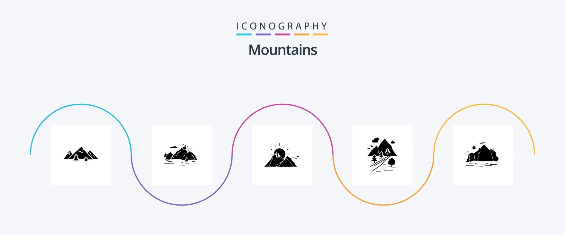 Mountains Glyph 5 Icon Pack Including hill. rocks. nature. sun. nature vector