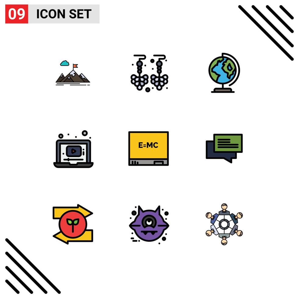 Mobile Interface Filledline Flat Color Set of 9 Pictograms of music video earrings laptop worldwide Editable Vector Design Elements
