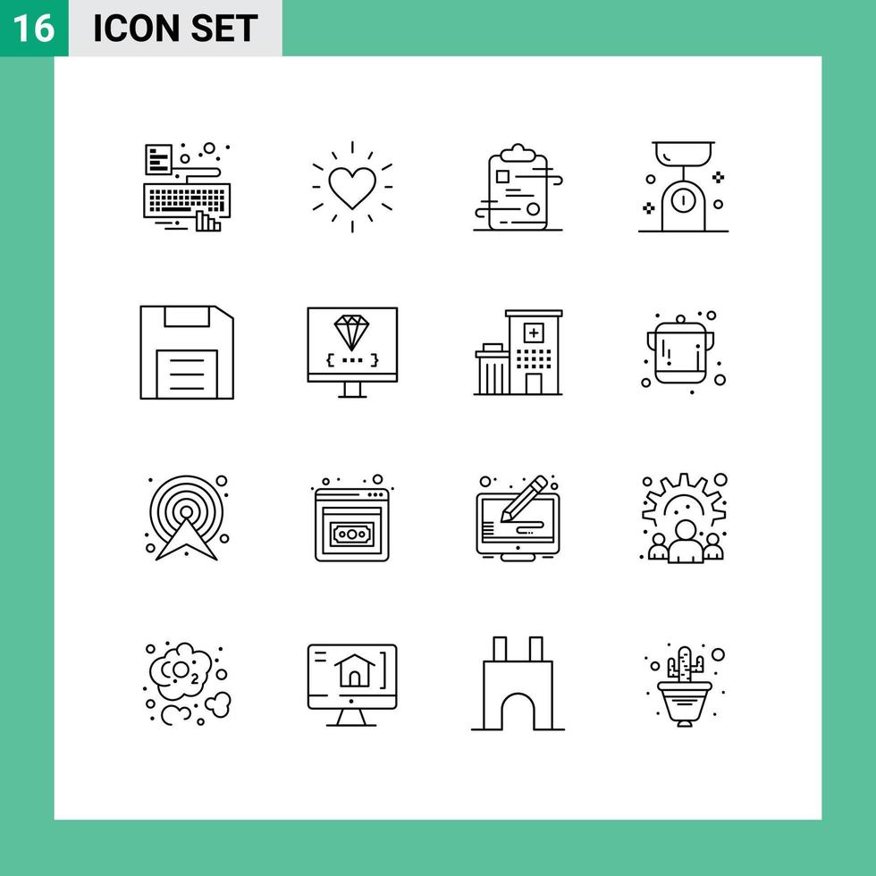 Set of 16 Vector Outlines on Grid for computers kitchen document food balance balance Editable Vector Design Elements