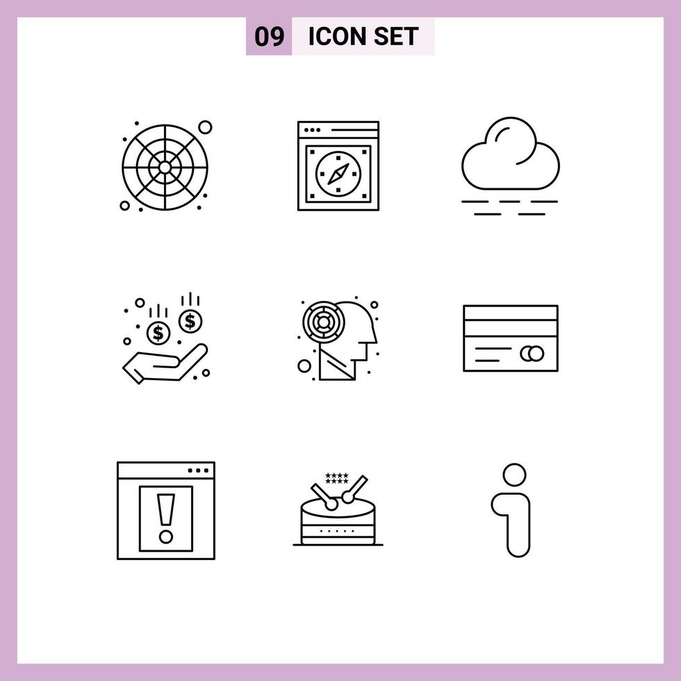 Pack of 9 Modern Outlines Signs and Symbols for Web Print Media such as maze money safari safe weather Editable Vector Design Elements