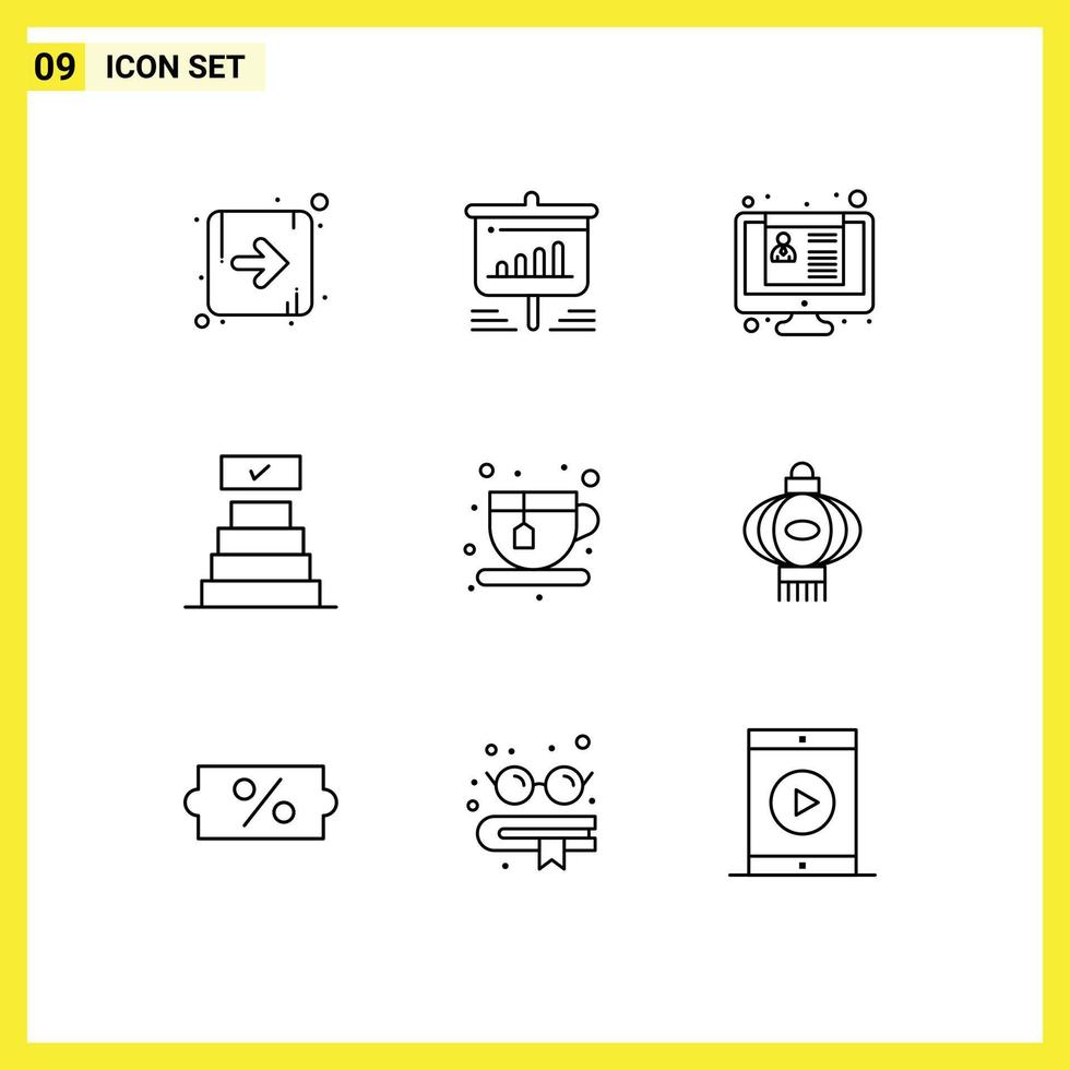 Mobile Interface Outline Set of 9 Pictograms of coffee diet cv achievements success Editable Vector Design Elements