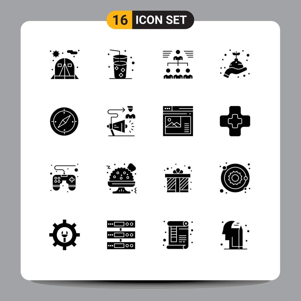 Set of 16 Commercial Solid Glyphs pack for compass navigation teamwork plant grow Editable Vector Design Elements