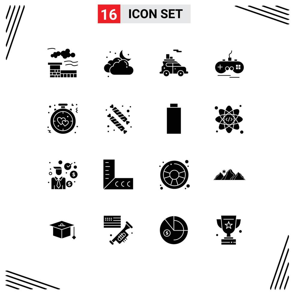 Pack of 16 Modern Solid Glyphs Signs and Symbols for Web Print Media such as alarm clock car gamepad wireless Editable Vector Design Elements