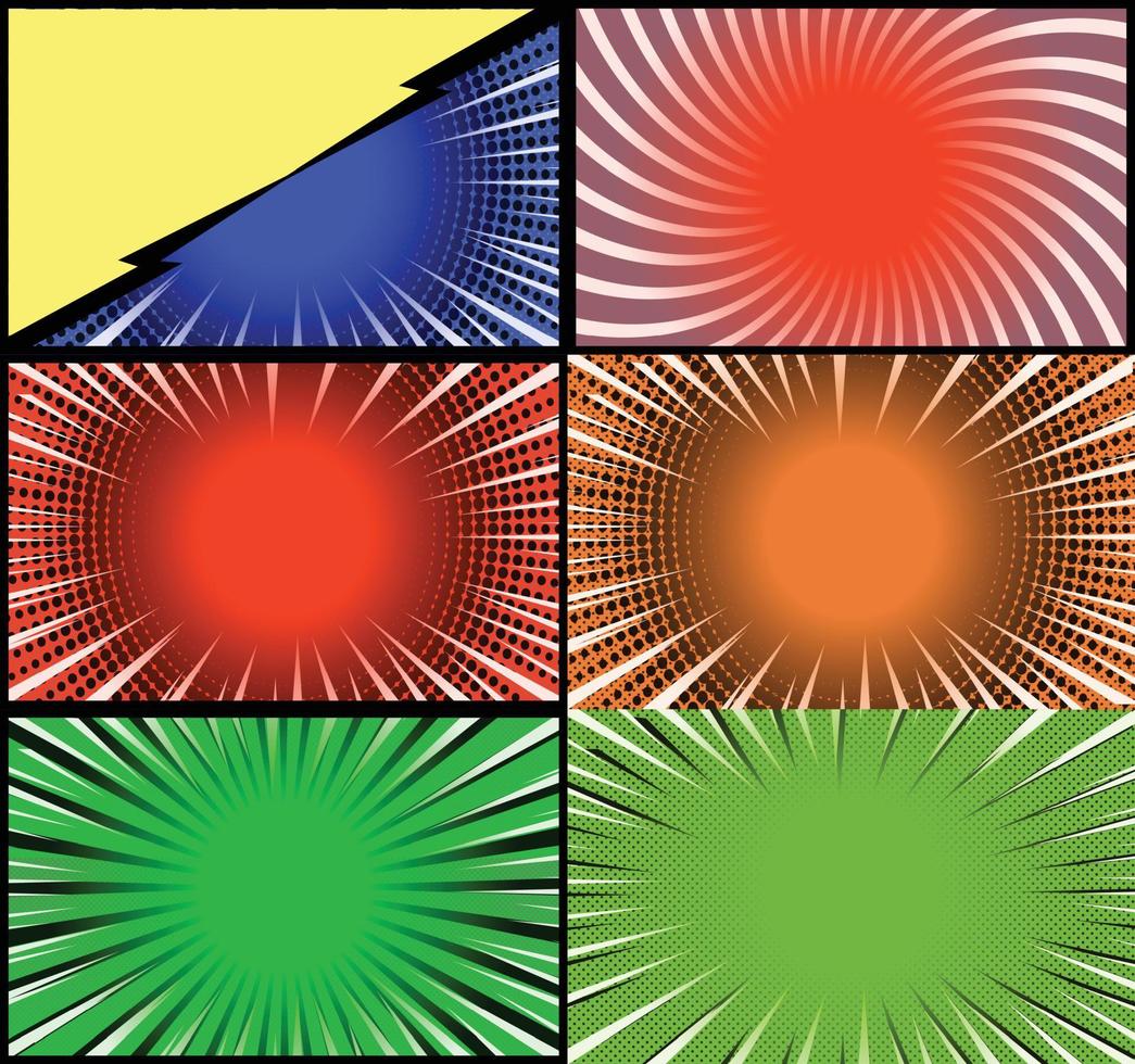 Comic book colorful frames background with halftone rays radial and dotted effects pop art style vector